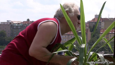 Pigtailed brunette is spied on by a random old pervert