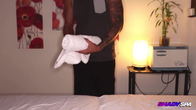 Redheaded teen oils up the man before sucking him