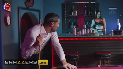 Brunette with a hot body fucks a bartender in public